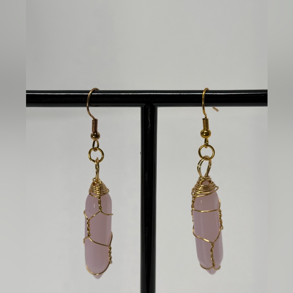 Elegant Gold and Pink Quartz Wire-Wrapped Earrings